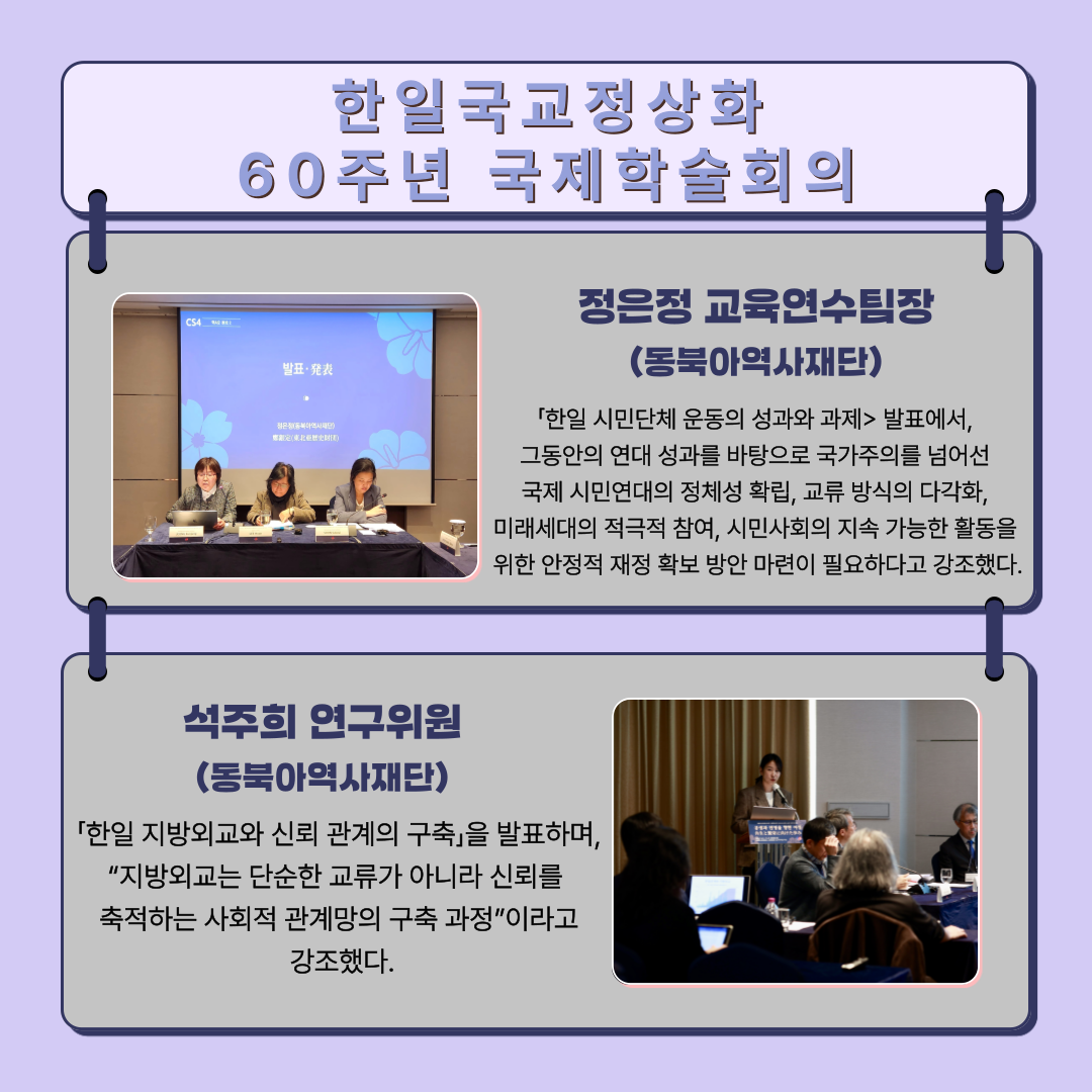 정은정 교육연수팀장(동북아역사재단),「한일 시민단체 운동의 성과와 과제> 발표에서,  그동안의 연대 성과를 바탕으로 국가주의를 넘어선  국제 시민연대의 정체성 확립, 교류 방식의 다각화,  미래세대의 적극적 참여, 시민사회의 지속 가능한 활동을  위한 안정적 재정 확보 방안 마련이 필요하다고 강조했다. 석주희 연구위원(동북아역사재단), 「한일 지방외교와 신뢰 관계의 구축」을 발표하며, “지방외교는 단순한 교류가 아니라 신뢰를  축적하는 사회적 관계망의 구축 과정”이라고  강조했다.