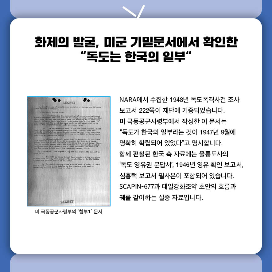 한국어2026년 8월카드뉴스6화제의 발굴, 미군 기밀문서에서 확인한 "독도는 한국의 일부“ NARA에서 수집한 1948년 독도폭격사건 조사보고서 222쪽이 재단에 기증되었습니다.  미 극동공군사령부에서 작성한 이 문서는  "독도가 한국의 일부라는 것이 1947년 9월에 명확히 확립되어 있었다"고 명시합니다.  함께 편철된 한국 측 자료에는 울릉도사의 '독도 영유권 문답서',  1946년 영유 확인 보고서, 심흥택 보고서 필사본이 포함되어 있습니다.  SCAPIN-677과 대일강화조약 초안의 흐름과 궤를 같이하는 실증 자료입니다. 사진: 미 극동공군사령부의 ‘첨부1’ 문서